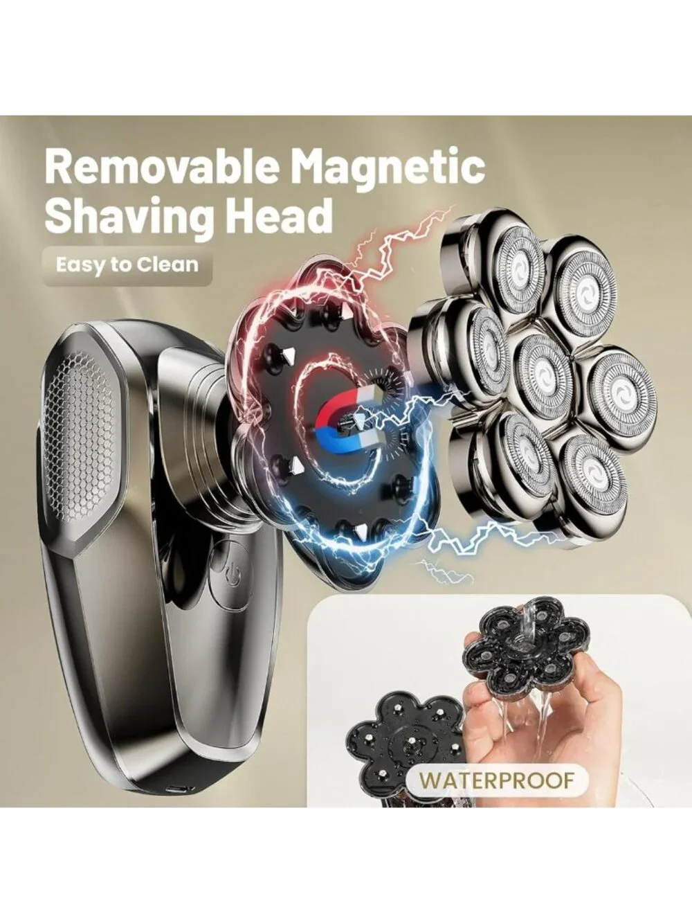 Waterproof Electric Shaver for Bald Men - 7D Detachable Razor, Wet & Dry, LED